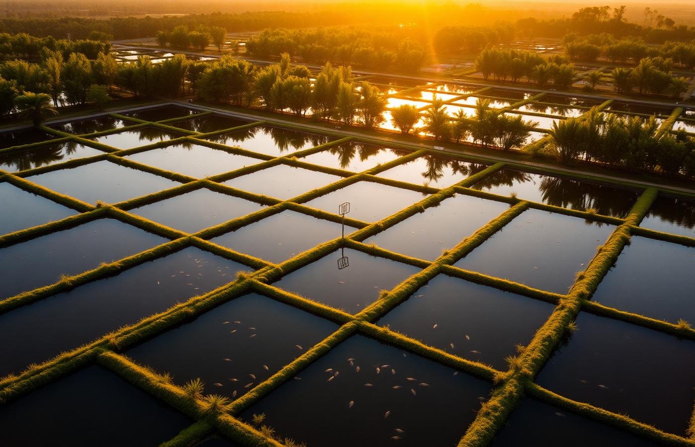 Tanques de cultivo de tilapia ao entardecer